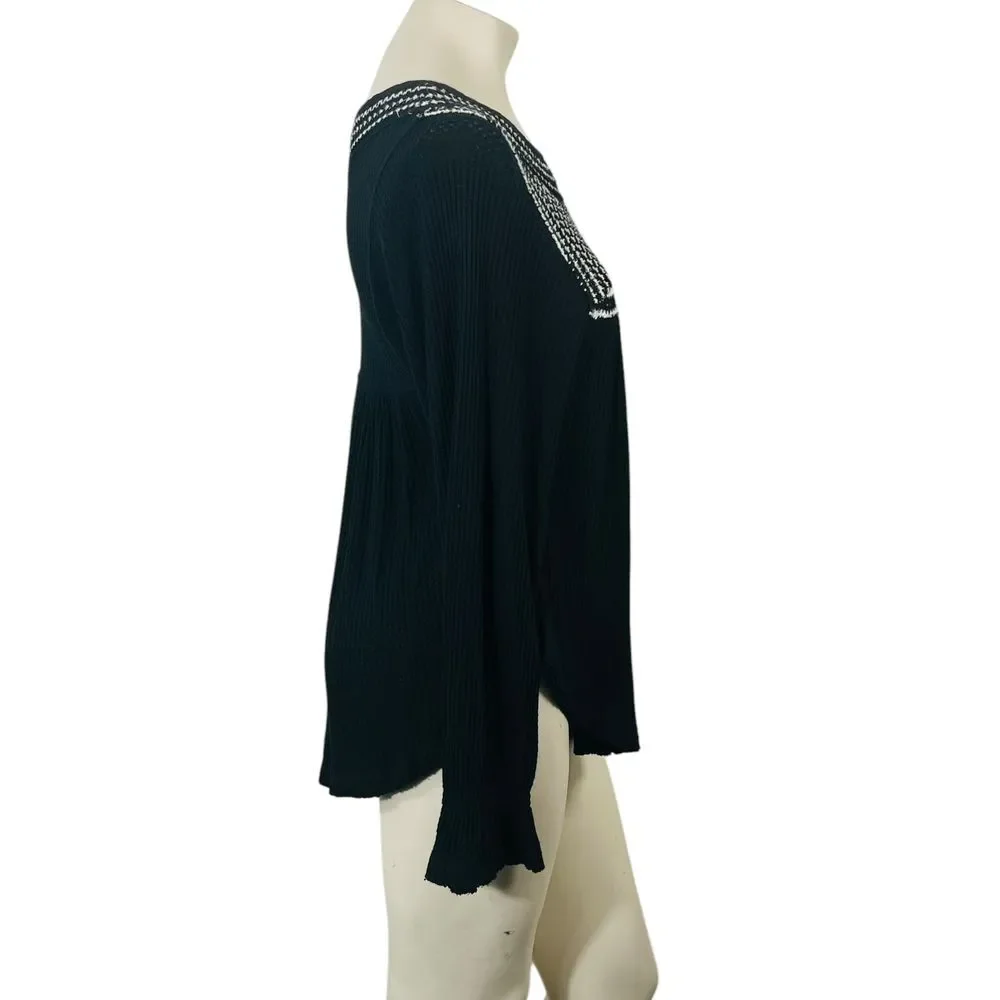 Free People Soulmate Crochet Tunic Top Black Waffle Knit Long‎ Sleeves Size S